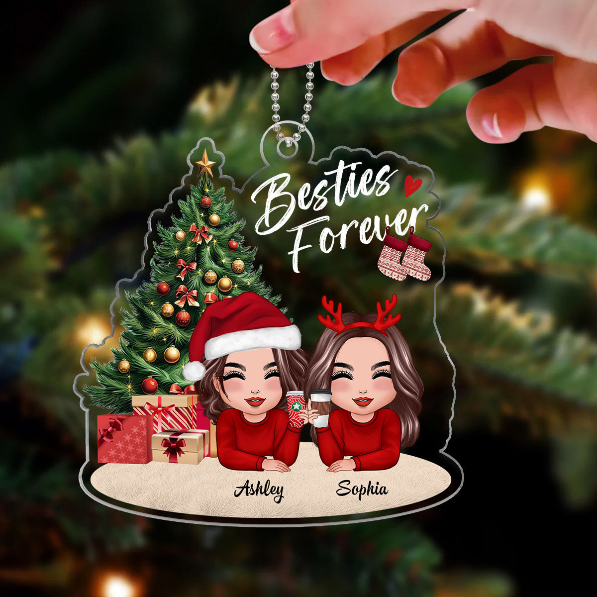 Doll Besties Sisters Laying Down Christmas Tree Personalized Acrylic Ornament