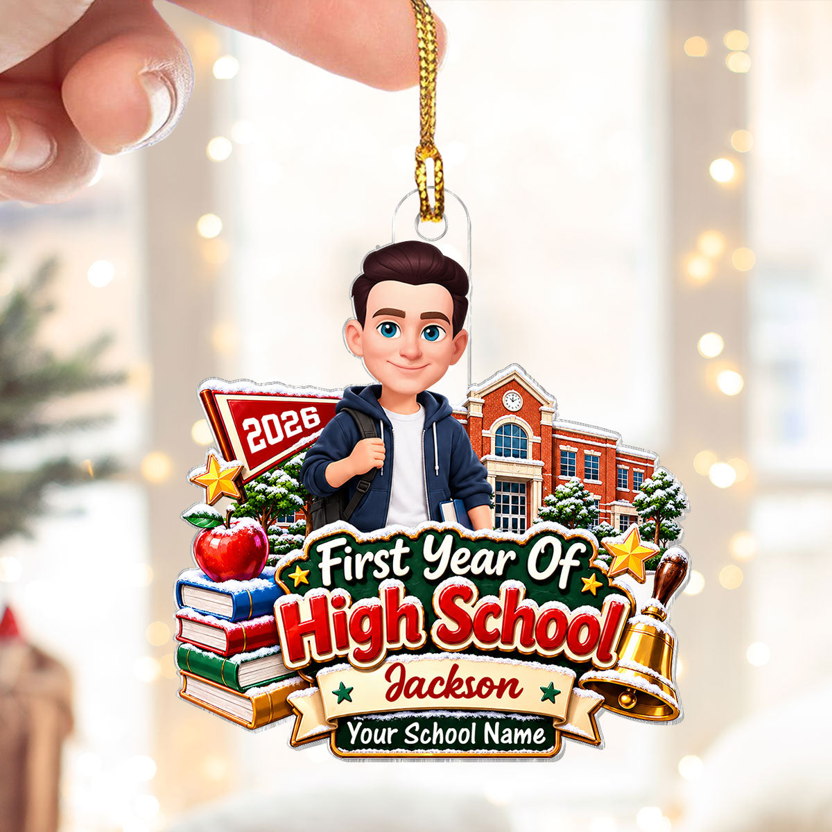 First Year Of High School Snowy Schoolhouse - Personalized Acrylic Ornament - Christmas Gift For Freshman, Son, Daughter, Grandkids