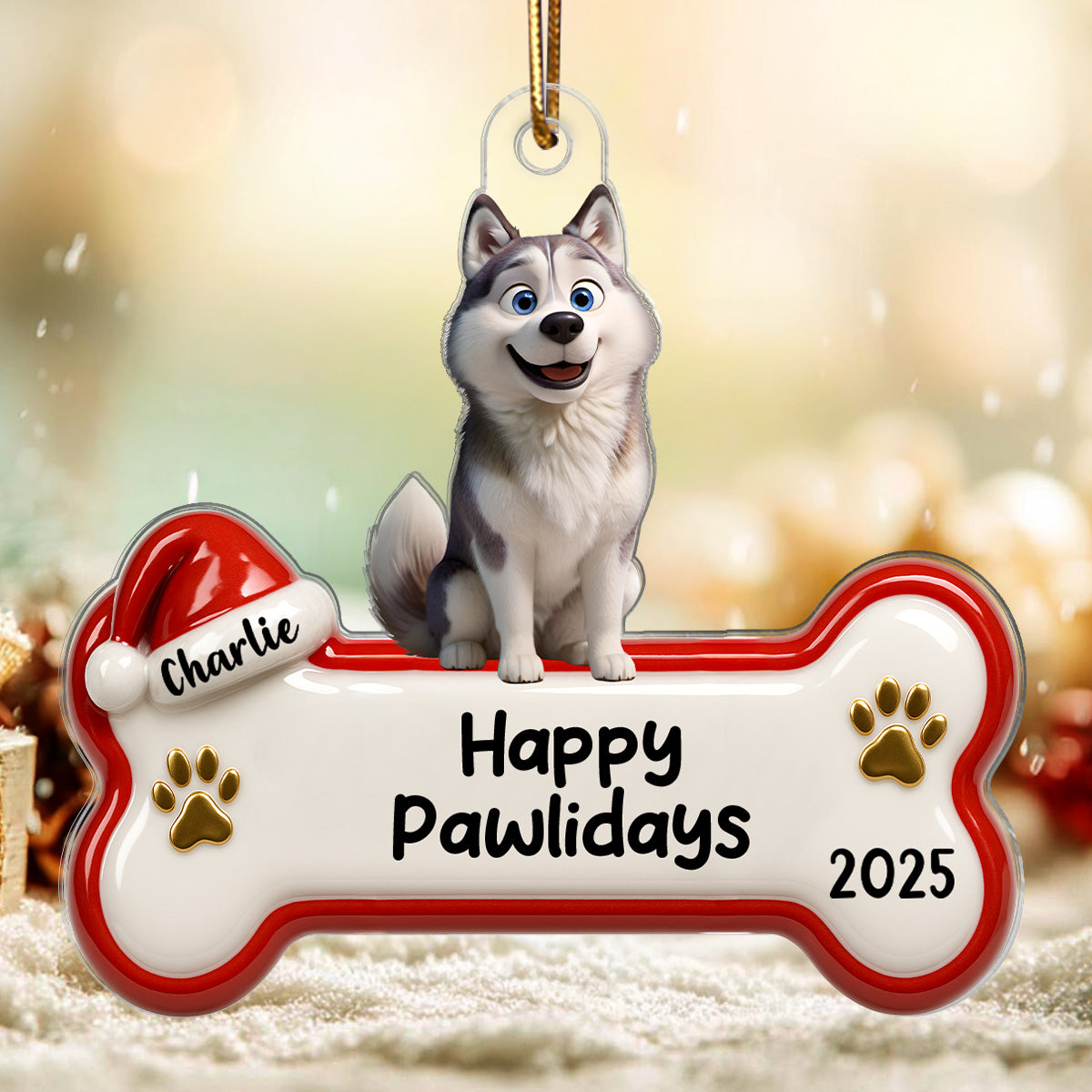 Happy Pawlidays Cartoon Dog 3D Effect - Personalized Acrylic Ornament - Christmas Decor For Dog Lovers
