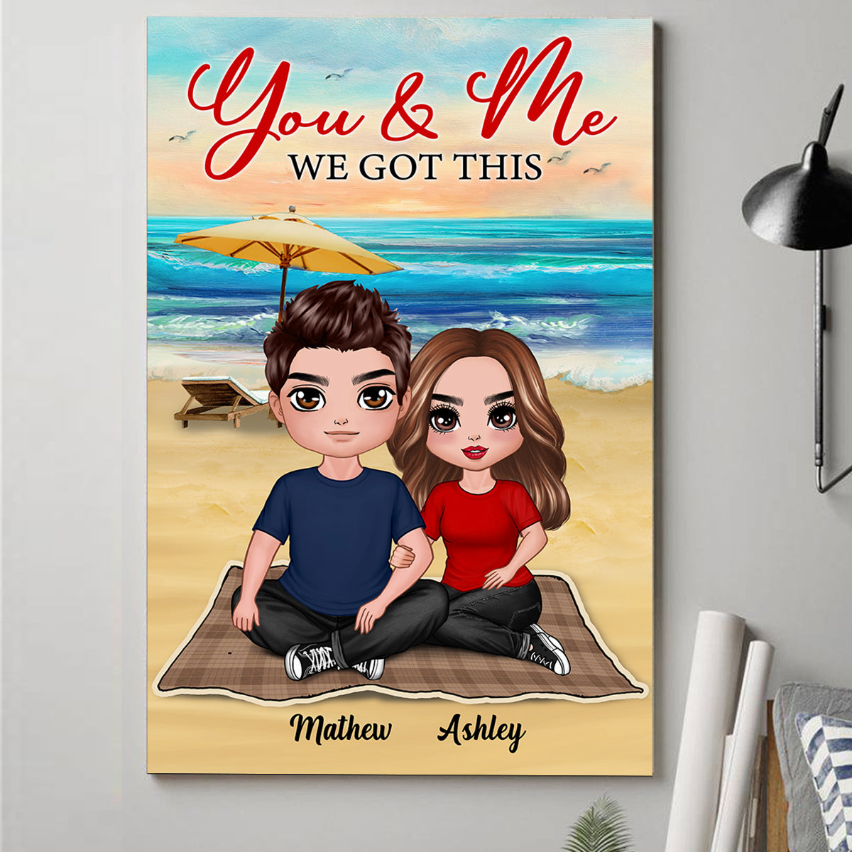 Embracing Doll Couple Sitting At Beach Personalized Vertical Poster - Gift For Gim Gift For Her