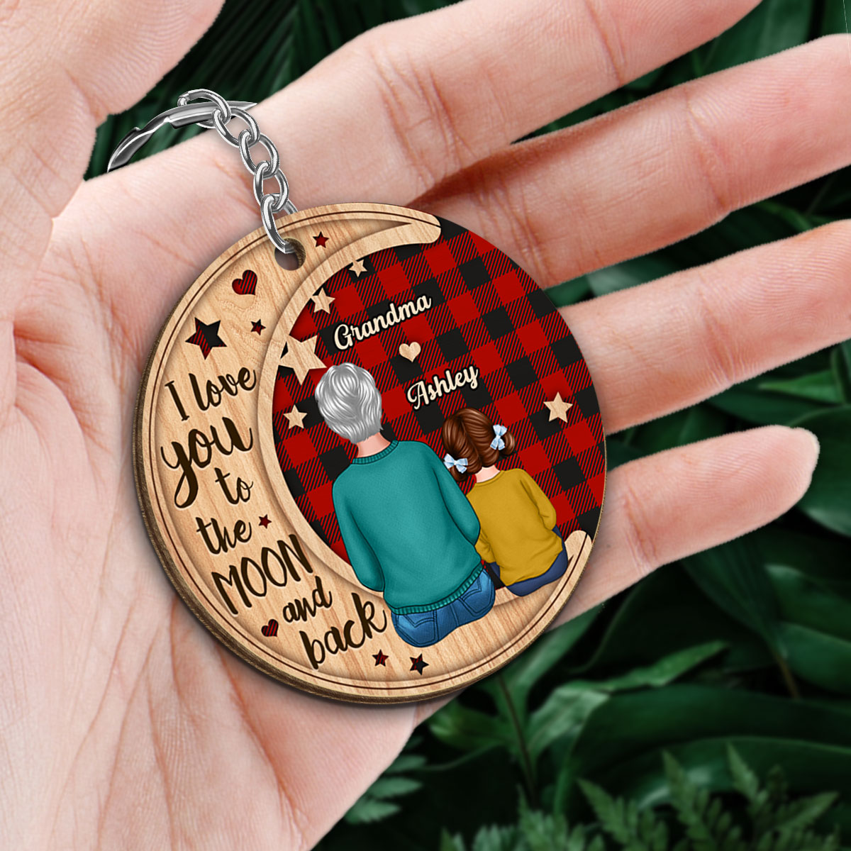 Checkered Pattern Grandma Grandkid On Moon Gift For Grandma Granddaughter Grandson Personalized Wooden Keychain