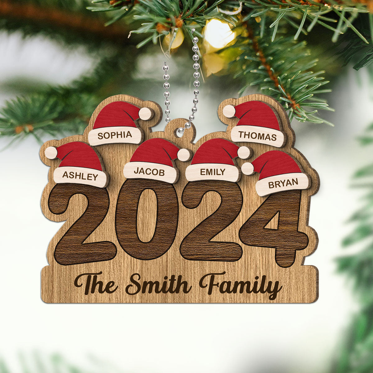 2024 Family Members Names Christmas Hat Personalized 2-Layer Wooden Ornament