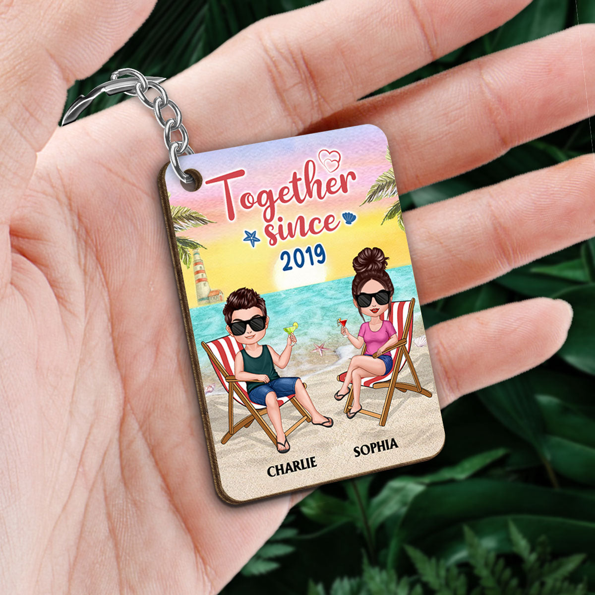 Couple Love To The Beach And Back Personalized Wooden Keychain