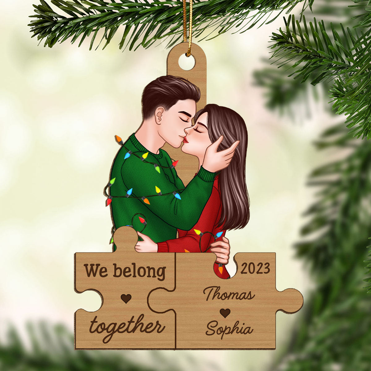 We Belong Together Romantic Couple Kissing Puzzle Pieces Personalized Wooden Ornament