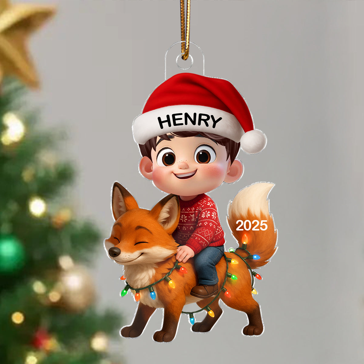 3D Effect Little Kid Jungle Safari Animals Fox Christmas Personalized Acrylic Ornament