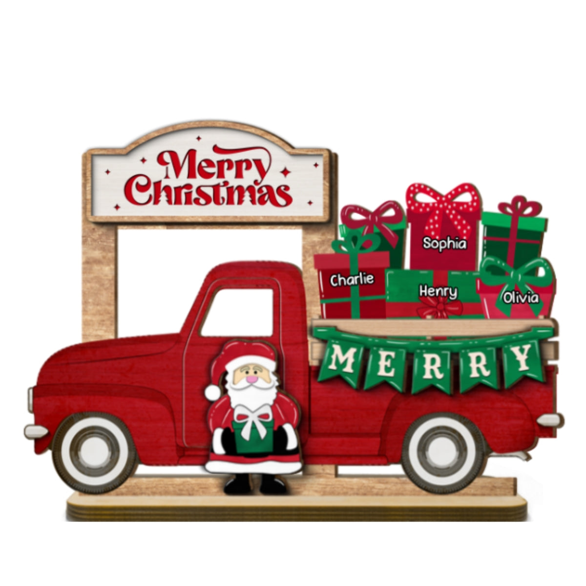 Santa Gifts Christmas Truck Personalized 2-Layer Standing Wooden Plaque, Christmas Decoration, Tiered Tray Decor