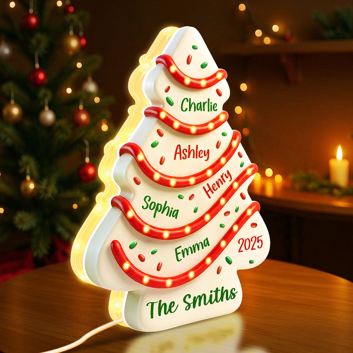 Family Names 3D Effect Christmas Tree Cake Personalized Light Box, Christmas Decor