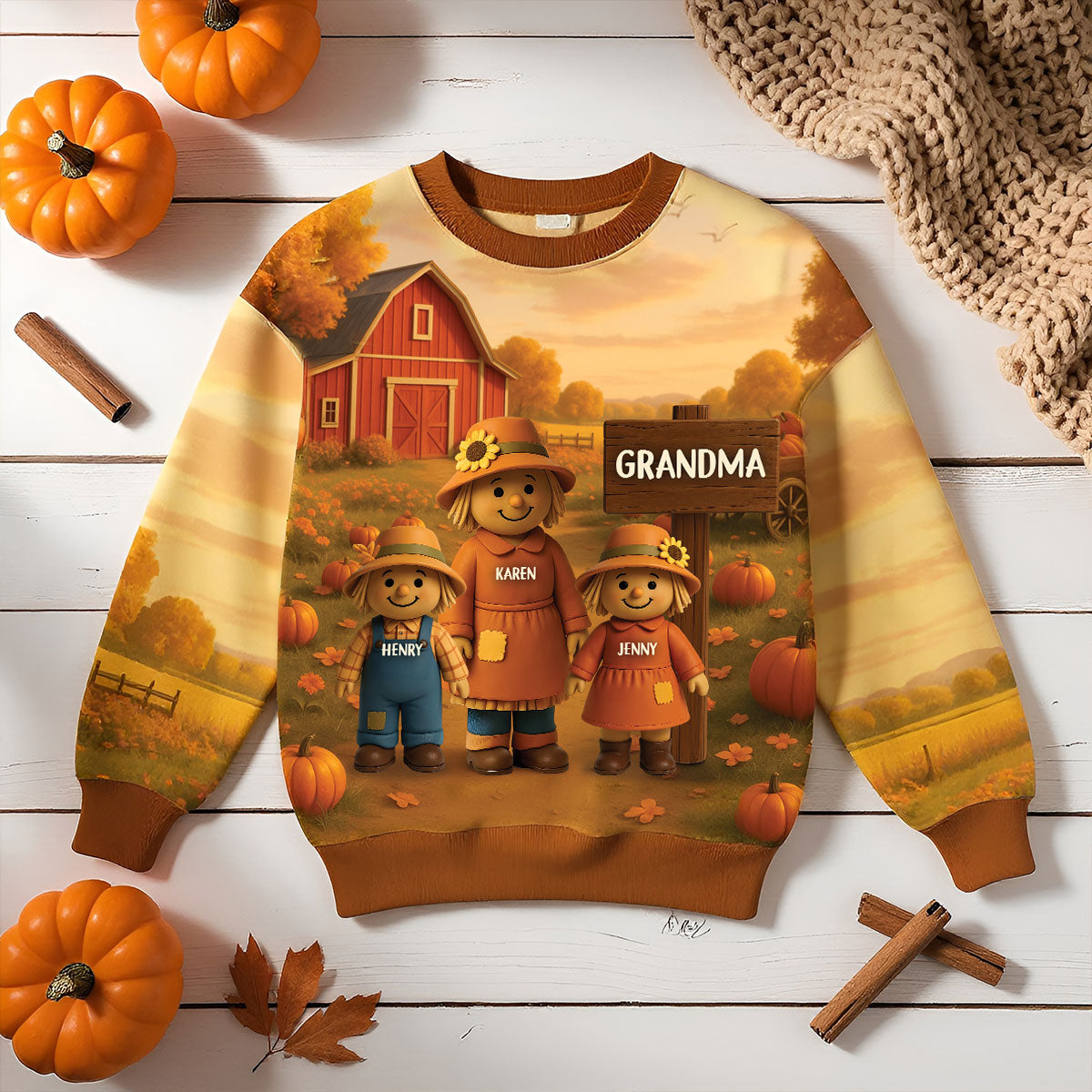 Grandma Grandkids Scarecrow Personalized 3D Effect Sweatshirt, Fall Season Gift for Grandma