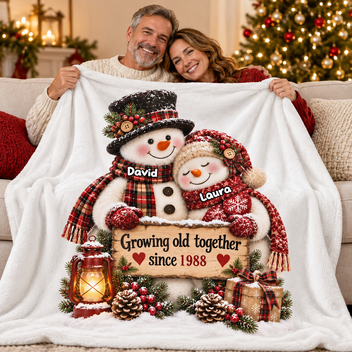 Snowman Couple Hugging Growing Old Together - Personalized Fleece Blanket - Heartfelt Christmas Gift for Her, for Him