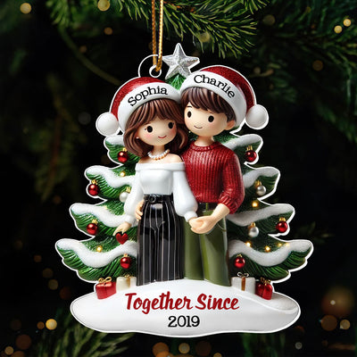 Couple Standing In Front Of The Christmas Tree Personalized 2D Flat Acrylic Ornament,  Christmas Gift For Him, For Her