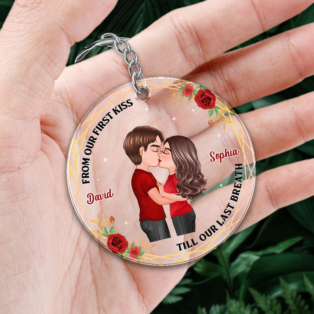 Doll Couple Kissing Roses Frame Personalized Circle Acrylic Keychain