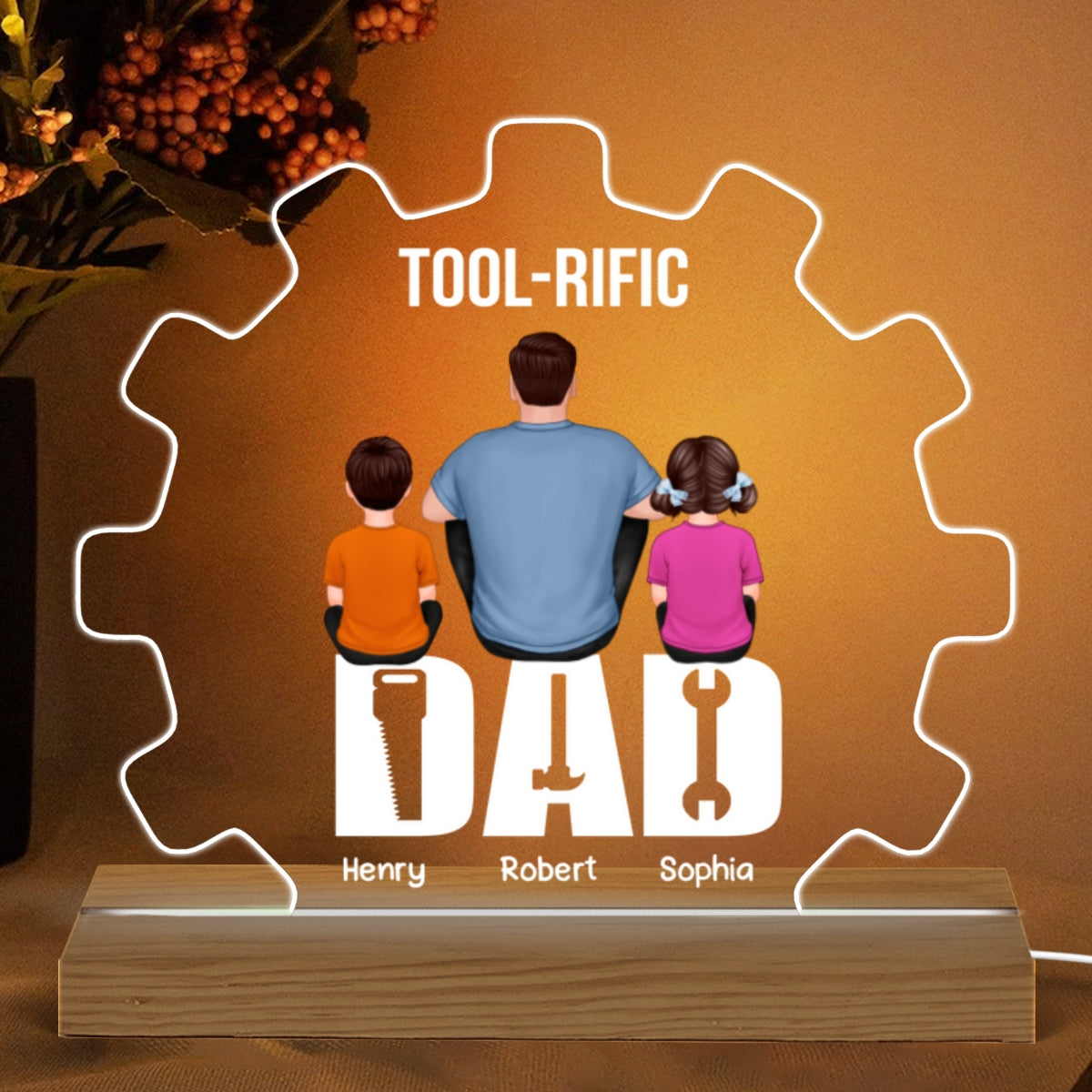 Tool-rific Dad Back View Man Kids Dog Cat Father‘s Day Gift Personalized Custom Shape Acrylic Plaque Warm LED Night Light