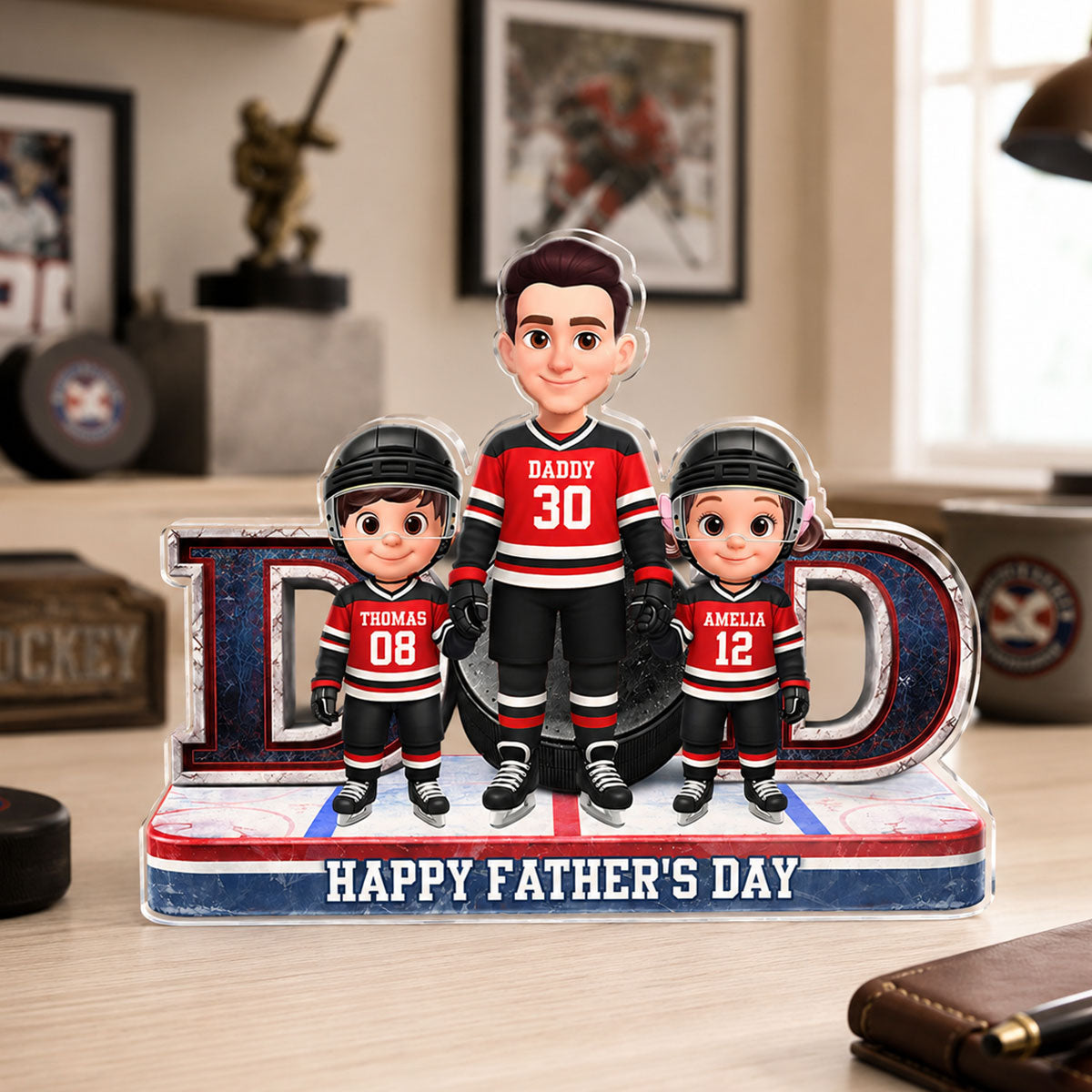 Hockey Dad And Kids Together Front View - Personalized Acrylic Block Plaque - Father's Day Gift For Dad, Husband