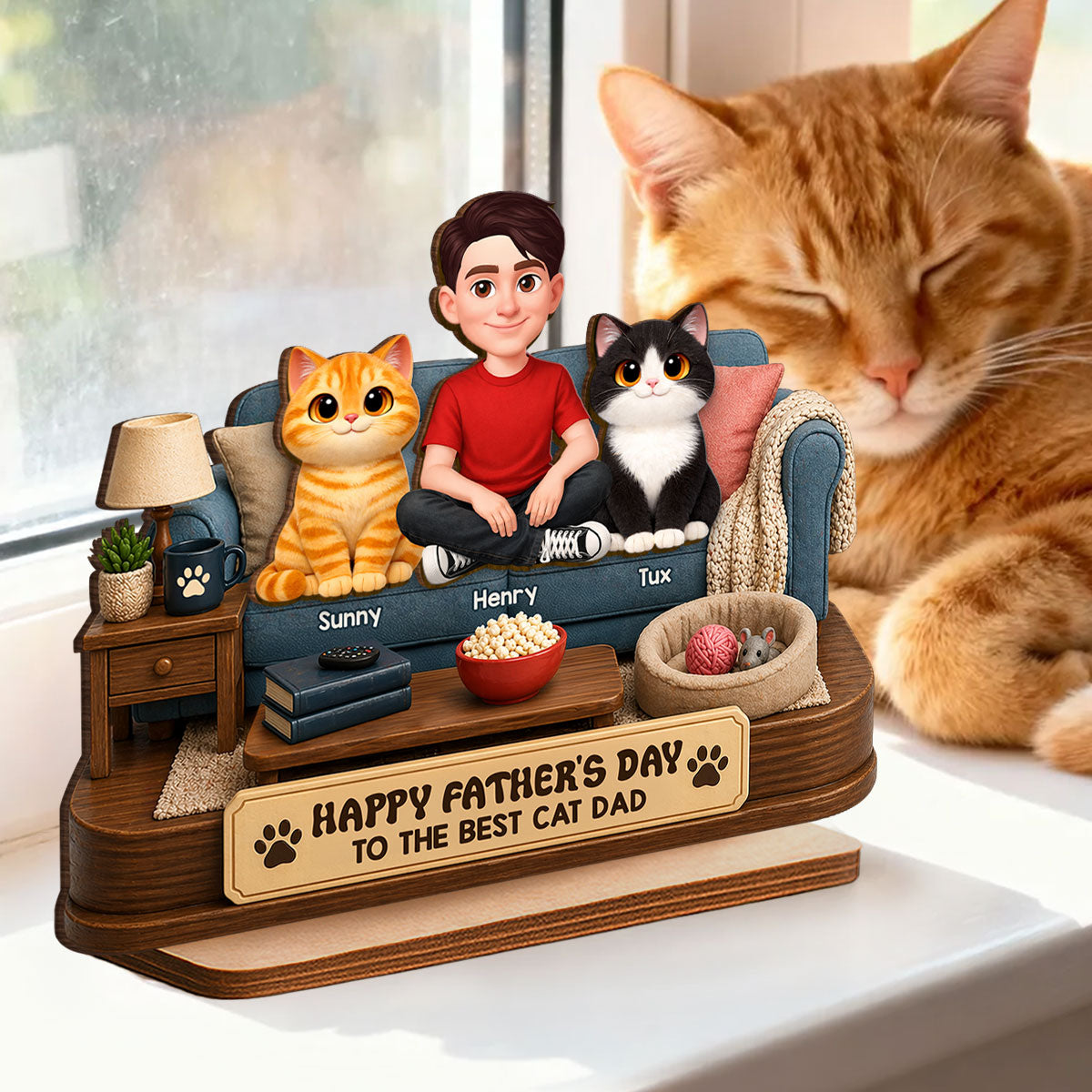 Happy Father's Day Best Cat Dad - Personalized 2-Layered Wooden Plaque - Father's Day Gift For Cat Dad, Cat Lovers