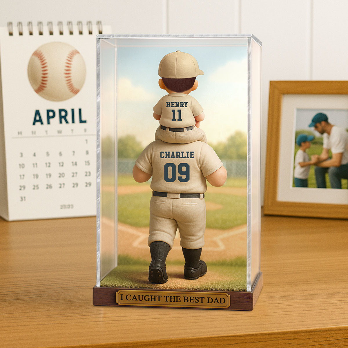 Baseball Dad & Kid In Display 3D Effect Personalized Acrylic Flat Block Plaque