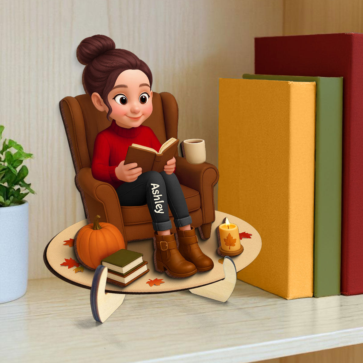 Fall Girl Reading Book On Armchair Personalized 2-Layer Wooden Plaque