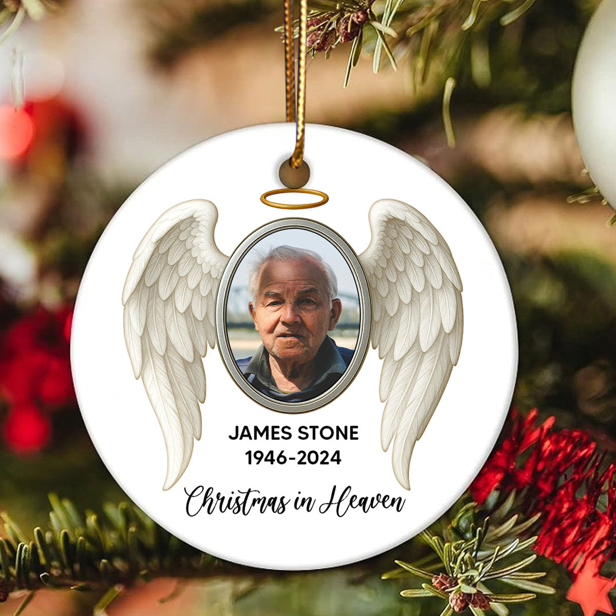 Heavenly Halo & Wings Memorial Ceramic Ornament, Personalized Keepsake Christmas Ornament, Sympathy Gift For Loss Of Loved Ones