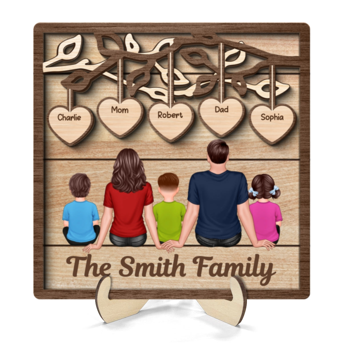 Family Dad Mom Kids Dogs Cats Under Tree Personalized 2-Layer Wooden Plaque