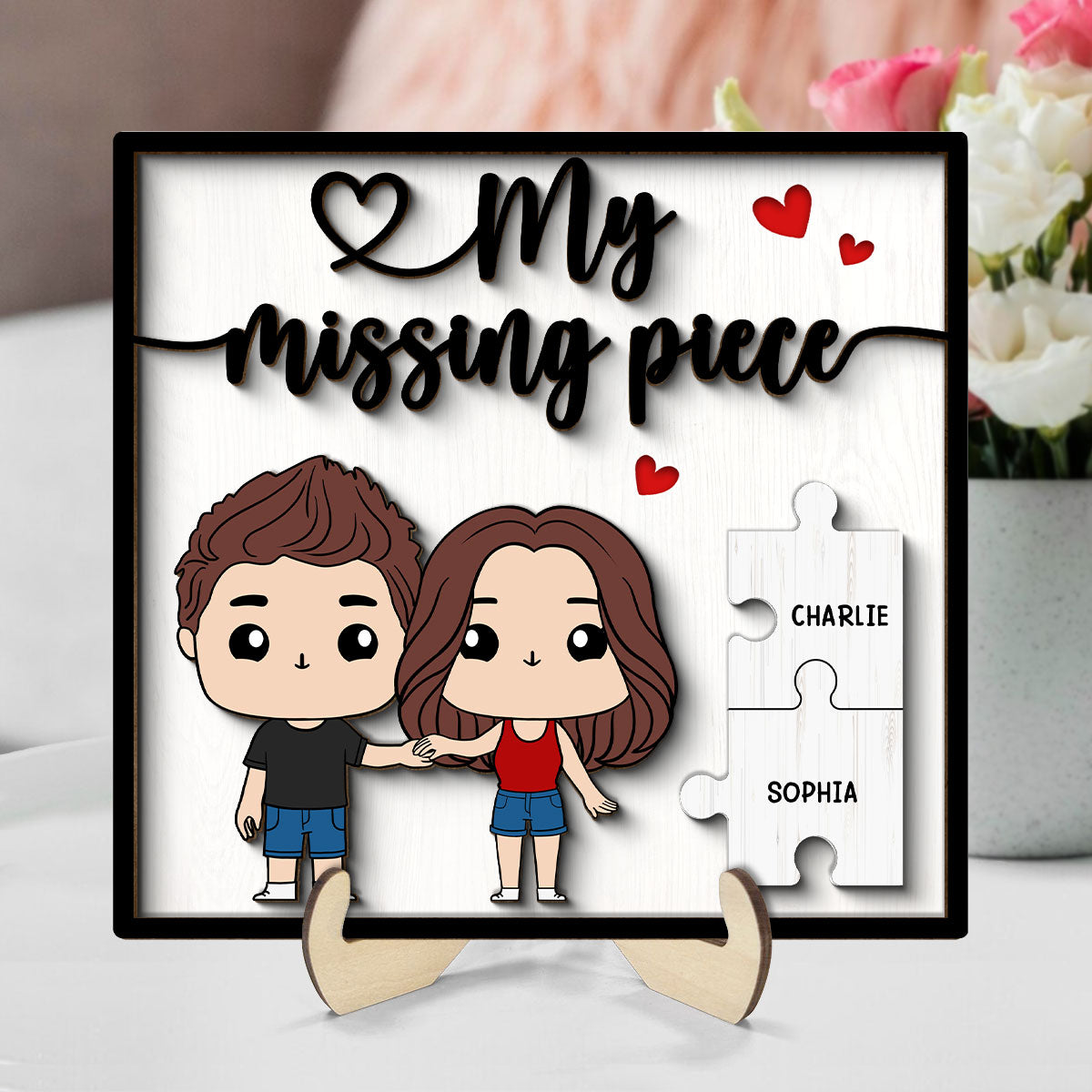My Missing Piece Funny Chibi Couple Valentine‘s Day Gift For Her Gift For Him Personalized 2-Layer Wooden Plaque