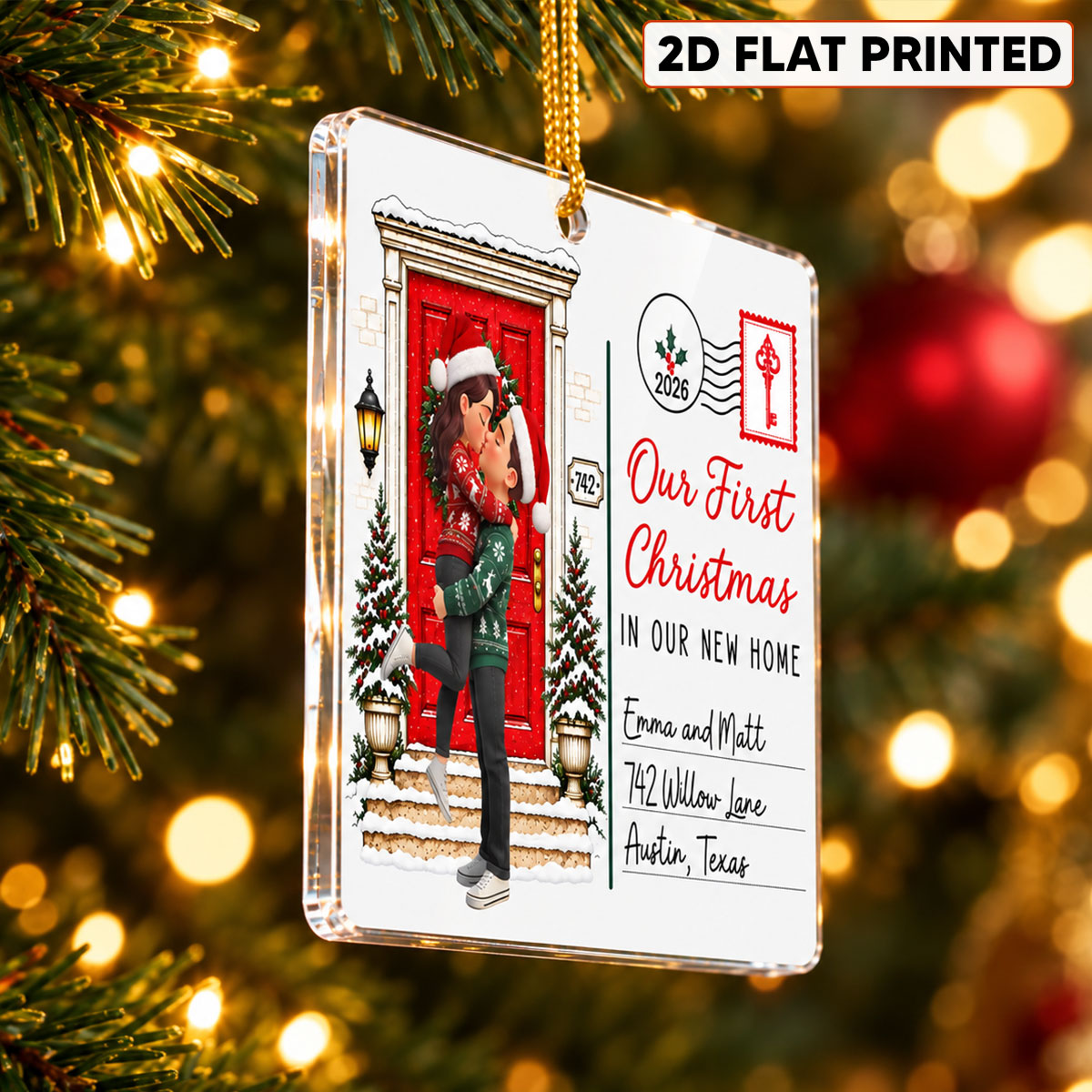 Our First Christmas In Our New Home Custom Couple & Address - Personalized Acrylic Ornament - Christmas Gift For Couples, Husband, Wife, New Homeowners