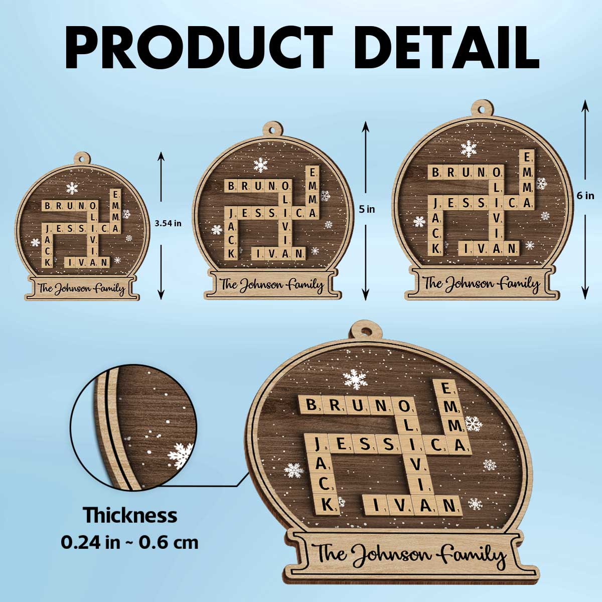 Family Names In Snow Globe Crossword Puzzle Art Personalized 2-Layer Wooden Ornament, Christmas Decor, Christmas Gift For Families