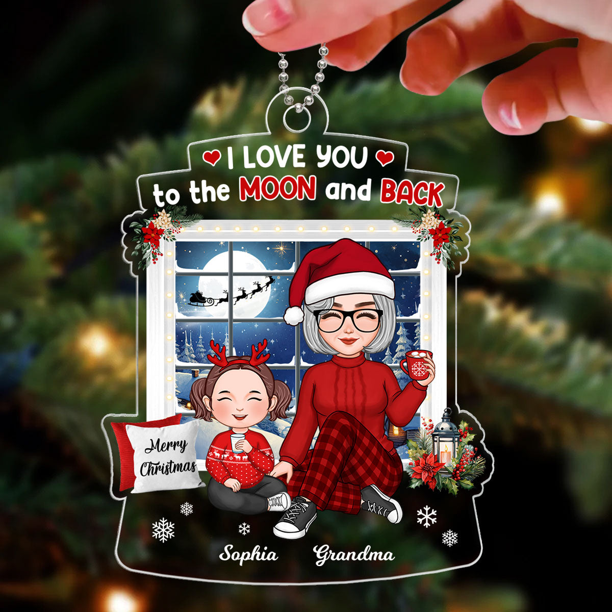 Cute Grandma Grandkid Sitting By Window Love To The Moon And Back Christmas Gift Personalized Acrylic Ornament