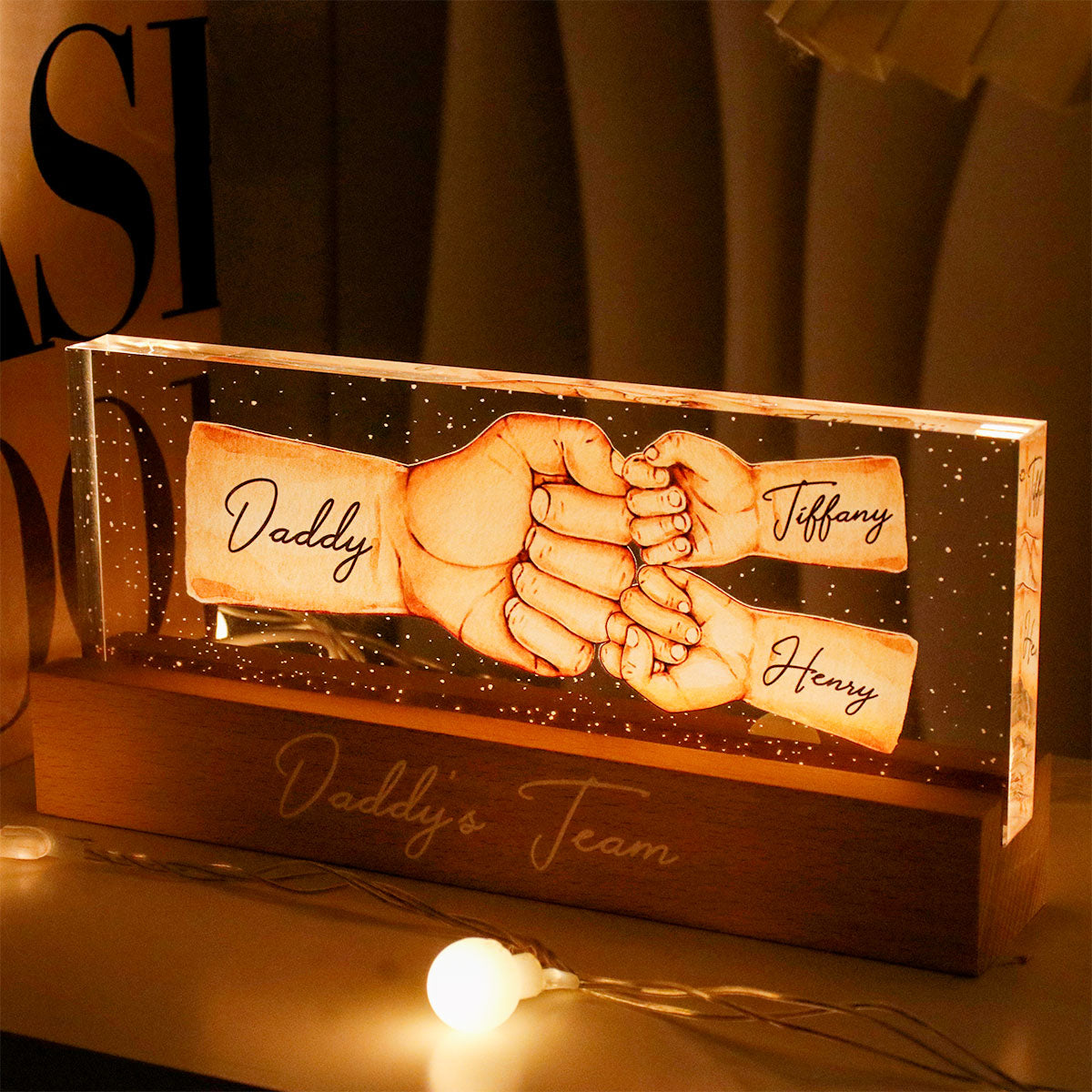 Daddy's Team Fist Bump - Personalized Acrylic Block Plaque LED Night Light - Gift For Dad, Gift For Husband, Gift For Grandpa