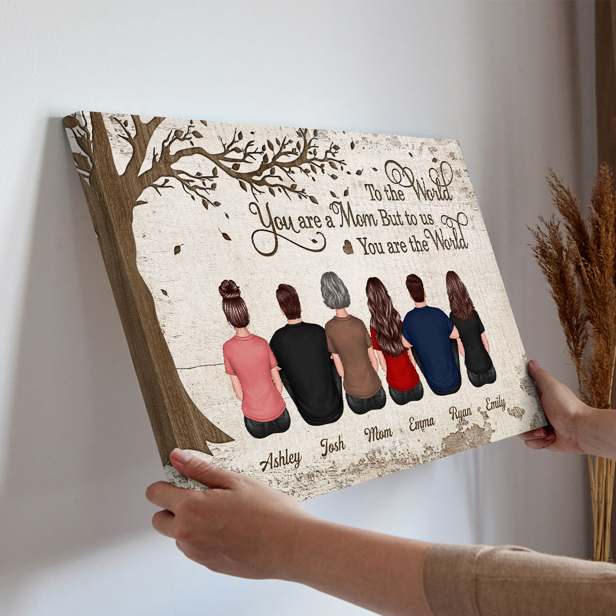 Back View Mom And Kids Dogs Cats Sitting Personalized Wrapped Canvas
