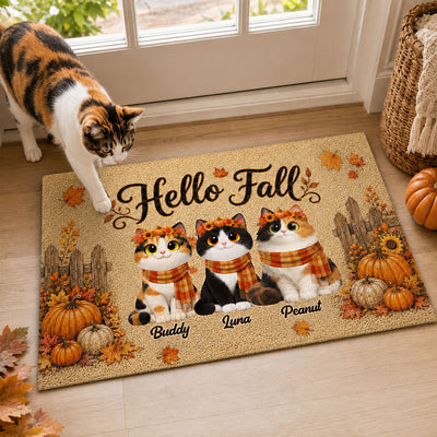 Cozy Warm Fall Season Hello Fall Cute Cats - Personalized Doormat - Fall Decor For Cat Lovers