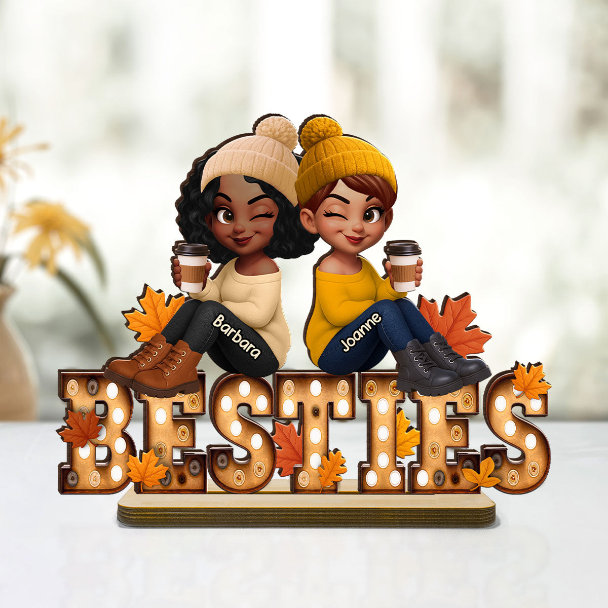 Fall Besties Sitting On Text Marquee Effect Personalized Standing Wooden Plaque, Meaningful Gift For Best Friends