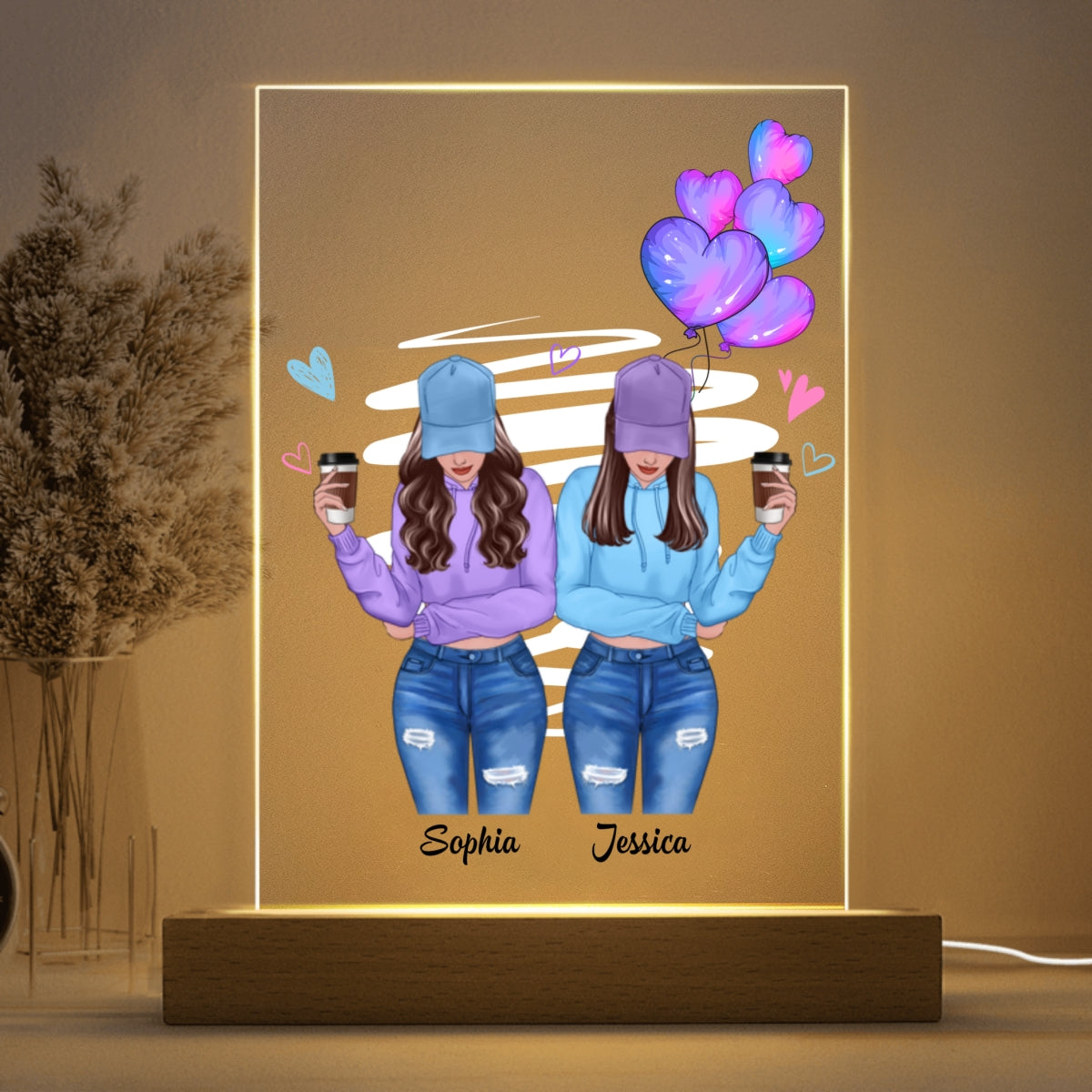 Galaxy Color Hearts Besties Forever Front View Besties Personalized Rectangle Acrylic Plaque LED Light Night