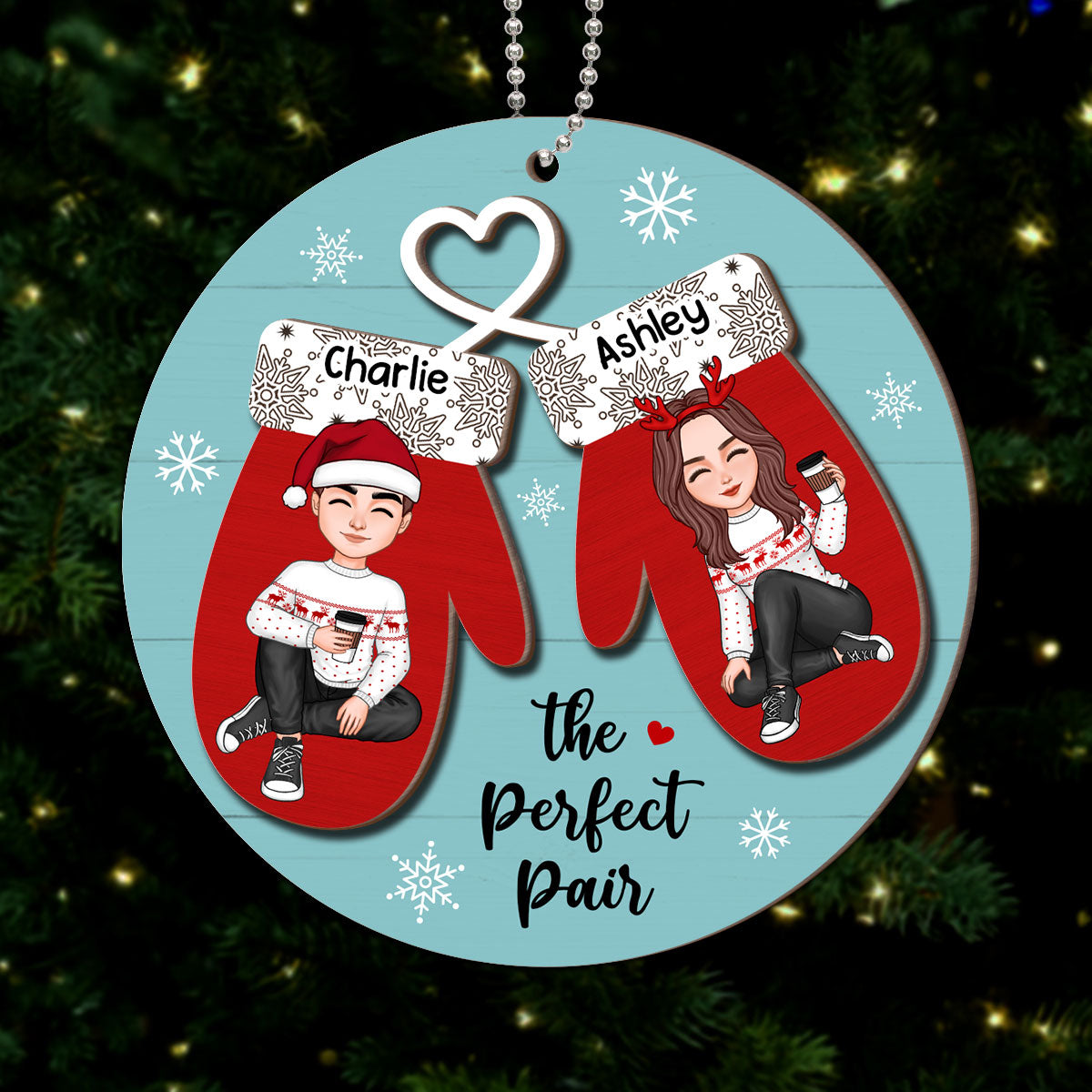 Perfect Pair Happy Christmas Couple Personalized 2-Layer Wooden Ornament