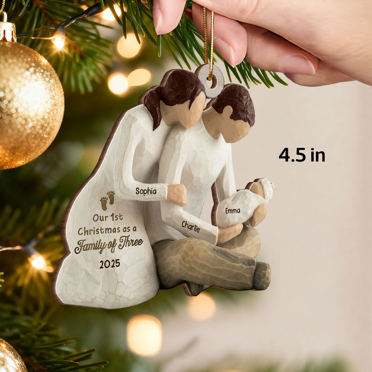3D Effect First Christmas As Family Of Three Mom Dad Holding Baby - Personalized Wooden Ornament