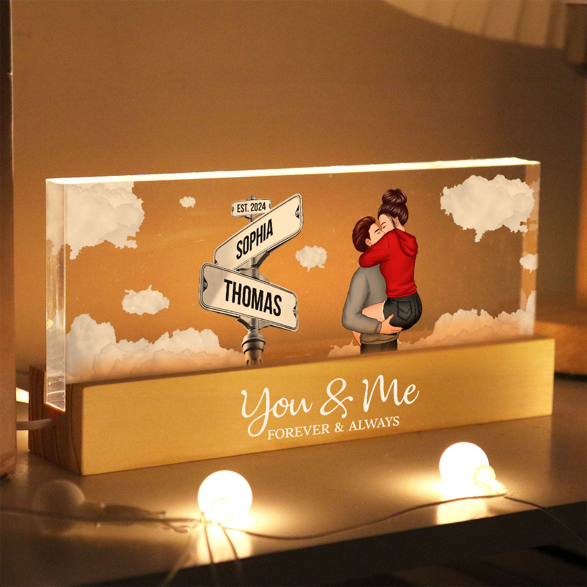 Couple Kissing Beside Street Signs Personalized Acrylic Block LED Night Light, Gift For Him, For Her, Boyfriend, Girlfriend, Husband, Wife