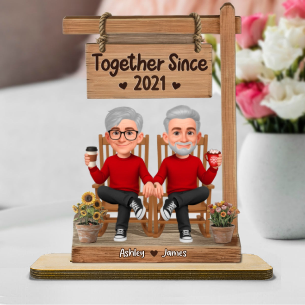 3D Effect Old Couple Sitting Together - Personalized 2-Layered Wooden Plaque - Anniversary, Valentine's Day Gift For Him, Gift For Her