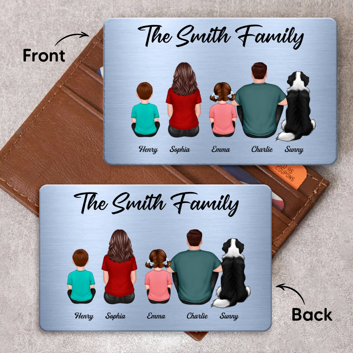Family Sitting Back View Couple Kid Dog Cat Personalized Wallet Insert Metal Wallet Card