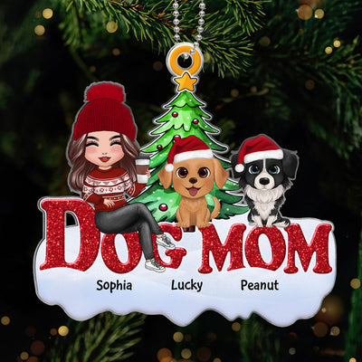 Funny Dogs Cartoon And Dog Mom Sitting On Word Personalized Acrylic Ornament