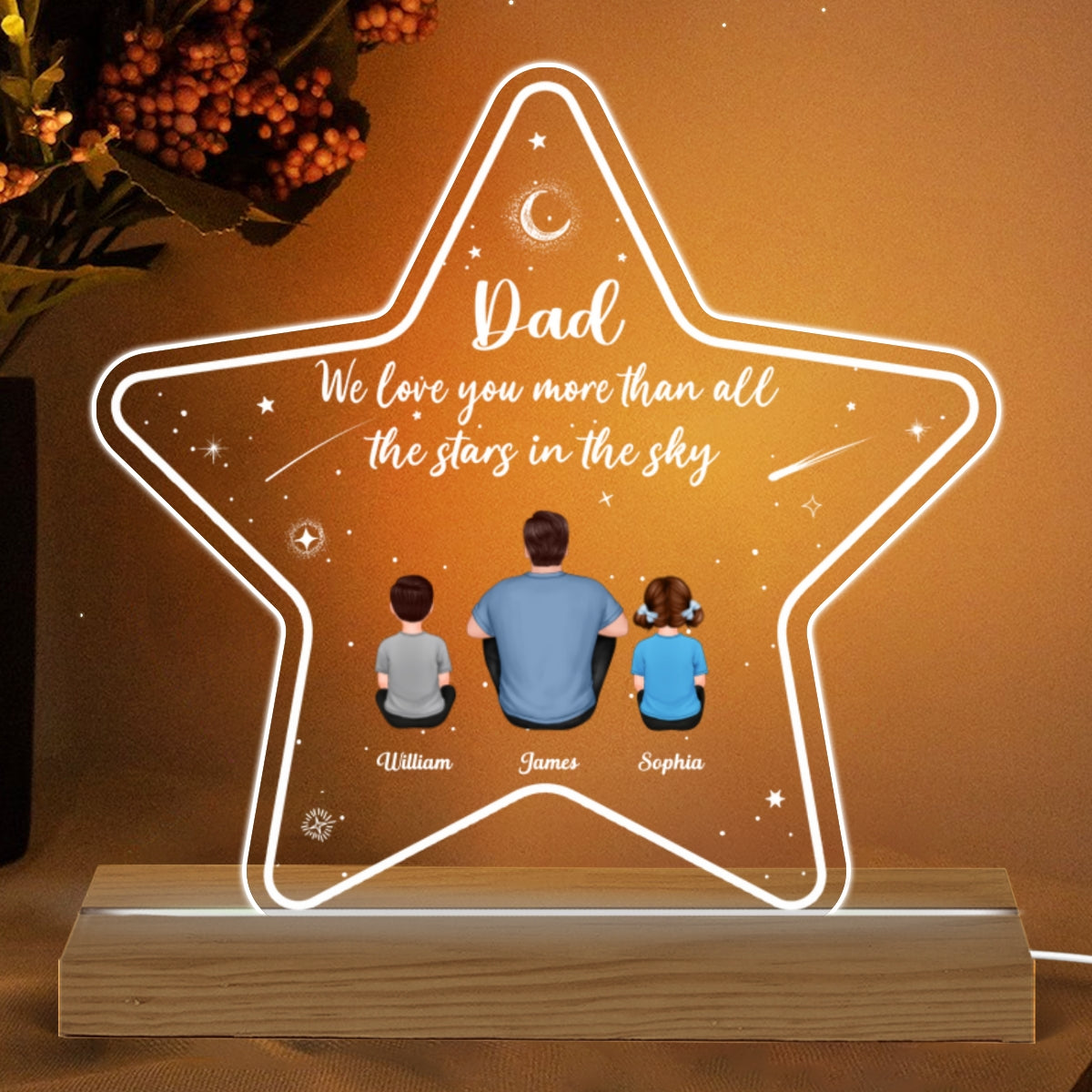 Dad Grandpa We Love You More Than The Stars In The Sky Personalized Custom Shape Acrylic Plaque Warm LED Night Light