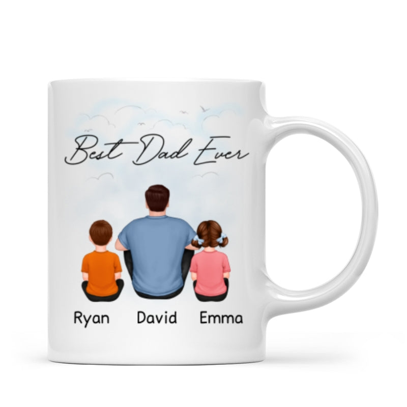 Back View Dad And Kids Dogs Cats Sitting Father‘s Day Gift For Dad Personalized Mug