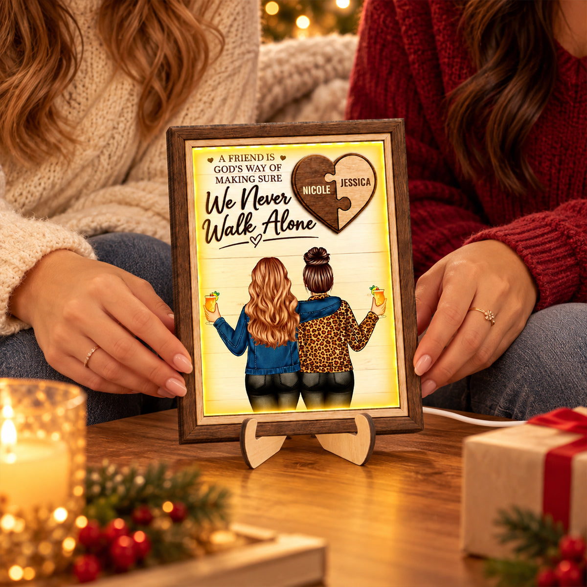 We Never Walk Alone - Personalized 2-Layered Wooden Plaque LED Light - Heartfelt Christmas Gift for Best Friends
