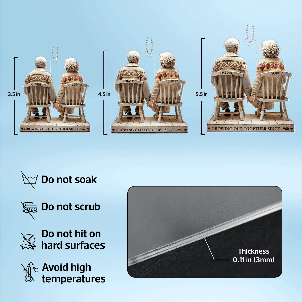 3D Effect Couple Sitting Holding Hands Growing Old Together Personalized Acrylic Car Hanger Ornament, Heartfelt  Gift For Couple, For Him, For Her, Husband, Wife