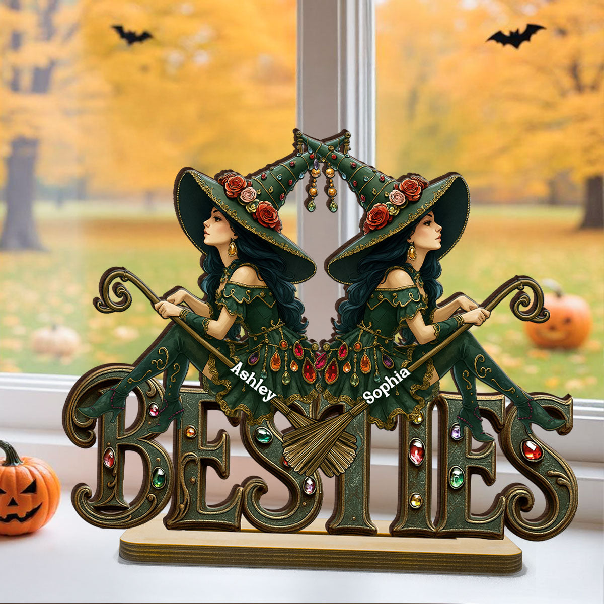Halloween Gothic Vintage Besties Sisters Sitting On Text Personalized Standing Wooden Plaque