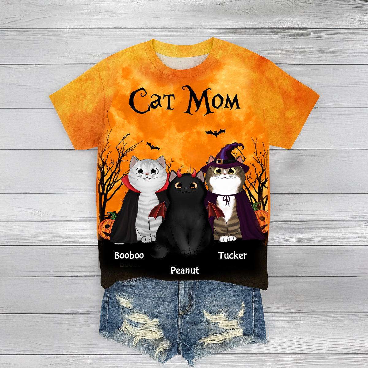 Cat Mom Halloween Moon Light Bat Tree - Personalized 3D Shirt