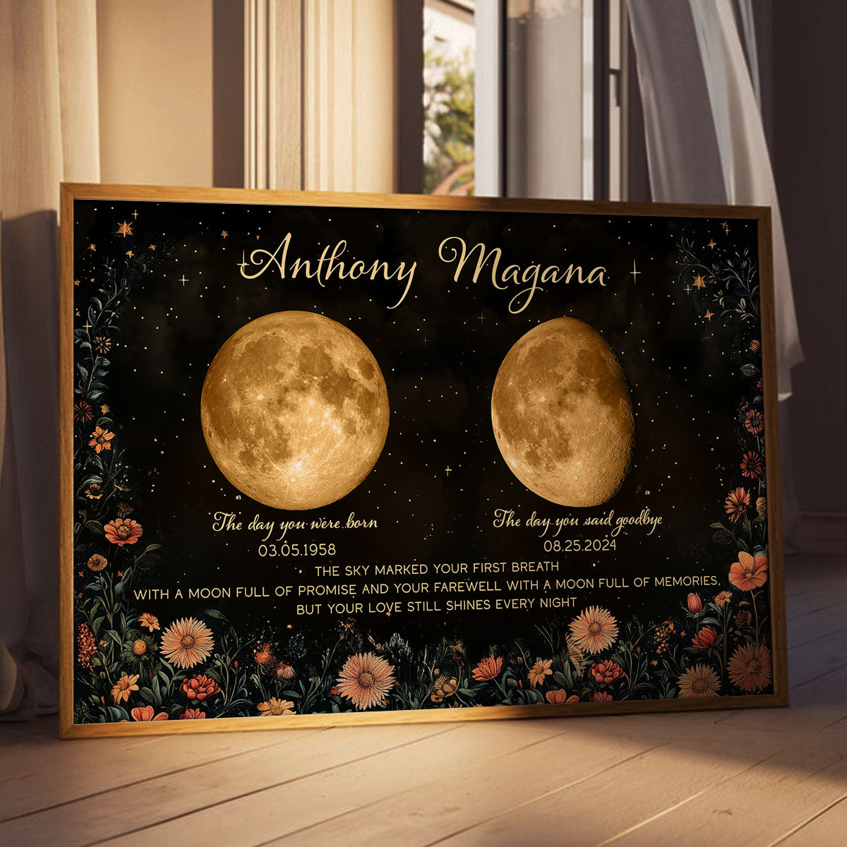 Lost Loved One Moon Phase Art Vintage Floral Memorial Keepsake Personalized Poster