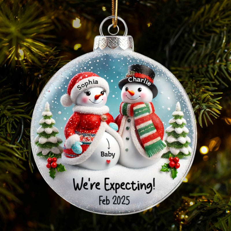 3D Effect Snowman Couple Expecting Parents Pregnancy Announcement Keepsake Personalized Acrylic Ornament