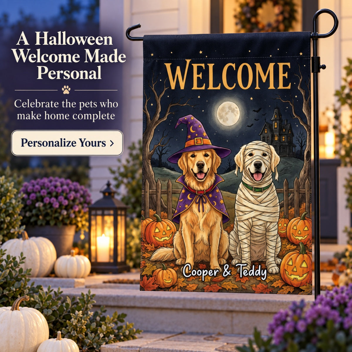 Vintage Dog Cat Halloween Night Photo Upload - Personalized Garden Flag - Halloween Gift For Dog Mom, Cat Mom