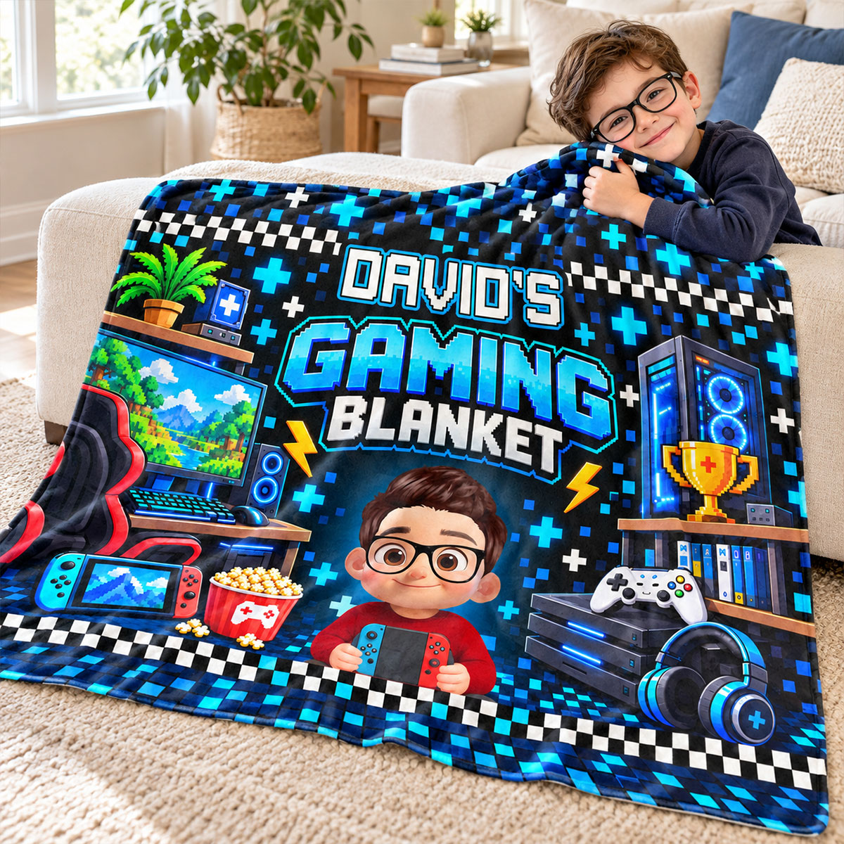 Custom Gamer Name - Personalized Fleece Blanket - Video Game Lover Gift For Son Grandson Teen Boy, Birthday Holiday Gift