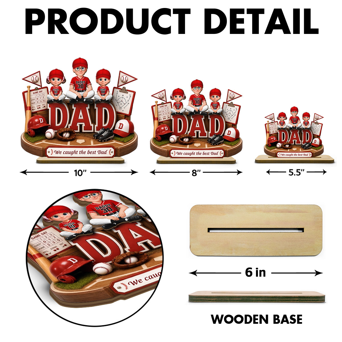 Baseball Dad Kids We Caught The Best Dad - Personalized 2-Layered Wooden Plaque - Father's Day Gift For Dad, Husband
