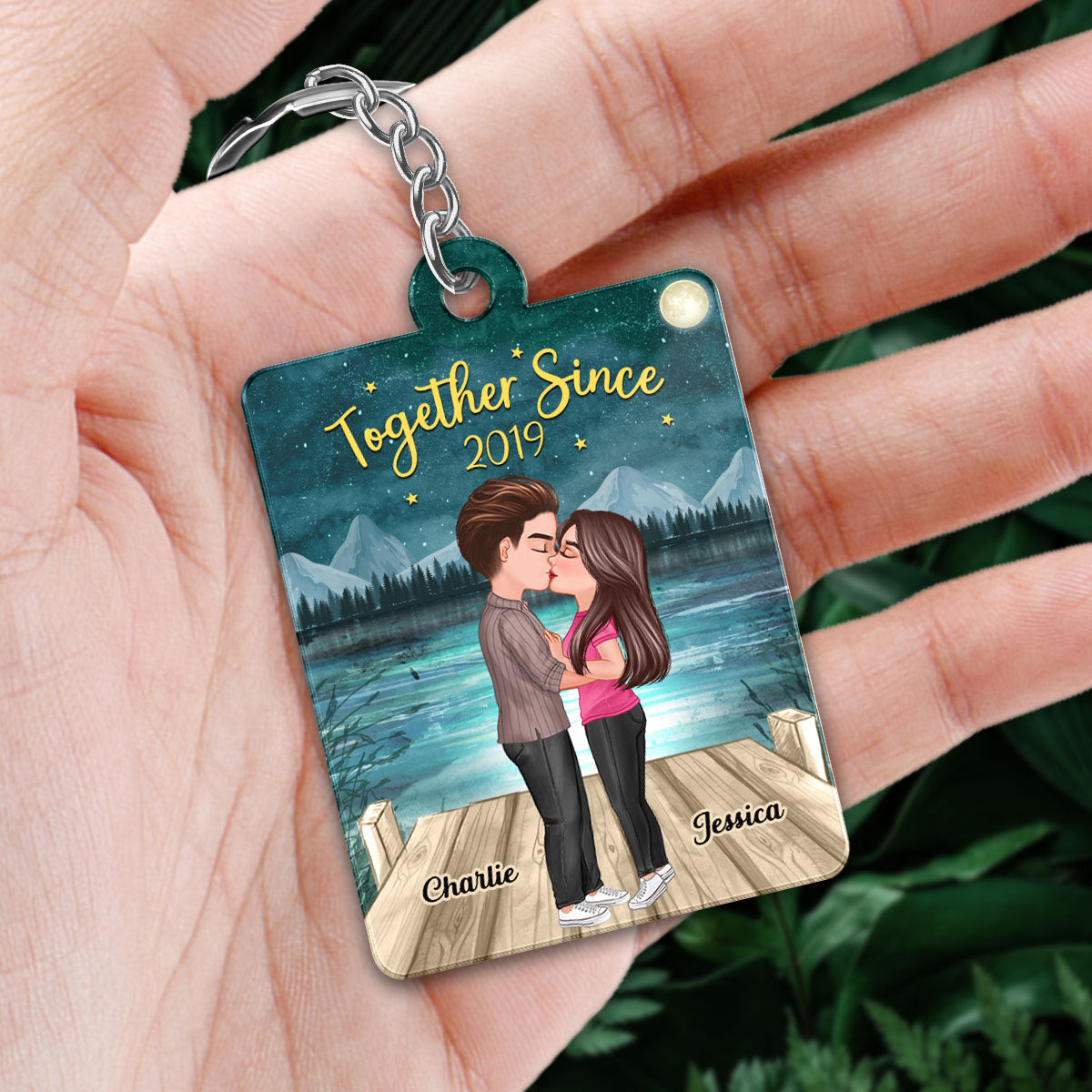 Doll Couple Kissing In Green Moon Night Favorite Song Scannable QR Code Personalized Acrylic Keychain