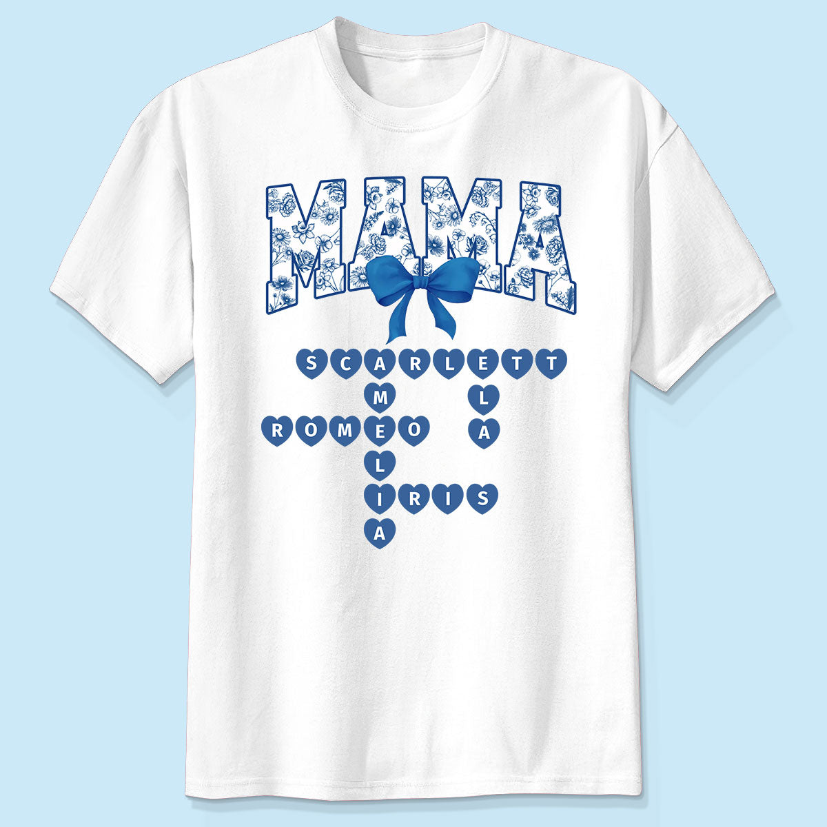 Grandma Mom Mimi Nana Gigi Floral Toile Blue Flower Grandkids Names Crosswords Personalized Shirt